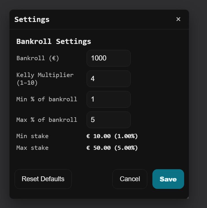 Settings panel showing bankroll configuration